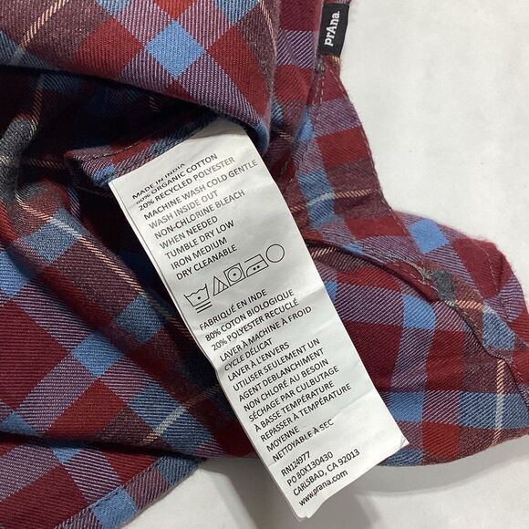 Prana Los Feliz Flannel Shirt Mens S Slim Fit Red Blue Plaid Rhubarb NWT - Picture 7 of 12